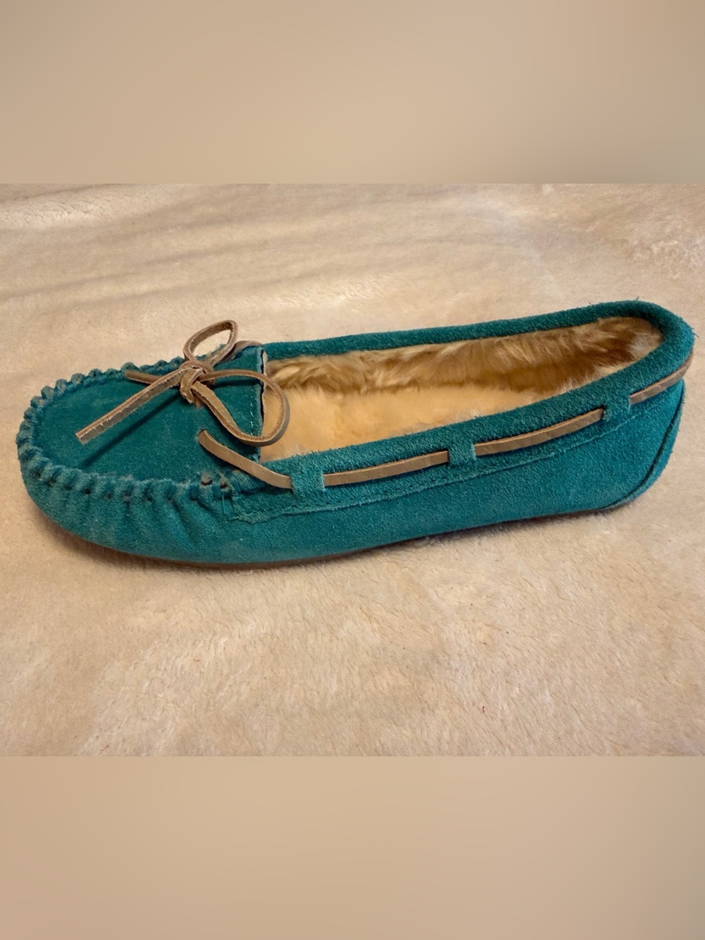Minnetonka Teal Suede Shearling-Lined Moccasins - Picture 6 of 7